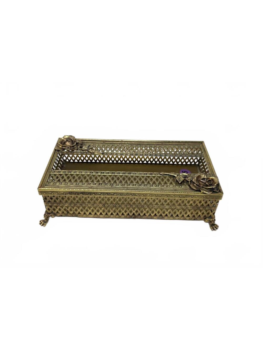 Vintage Gold-Tone Metal Filigree Tissue Box Cover Roses Hollywood Regency